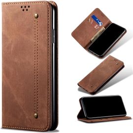 Compatible Avec Etui Xiaomi Redmi 9, Flip Jeans Portefeuille Housse Avec Fente Carte, Magnétique Stand+Protecteur D'écran En Verre Trempé*2-Brun