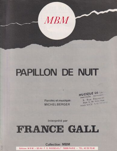 France Gall Partition Sheet Music Papillon De Nuit