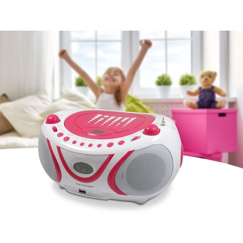 mini chaine hifi Radio Lecteur CD MP3 USB rose blanc