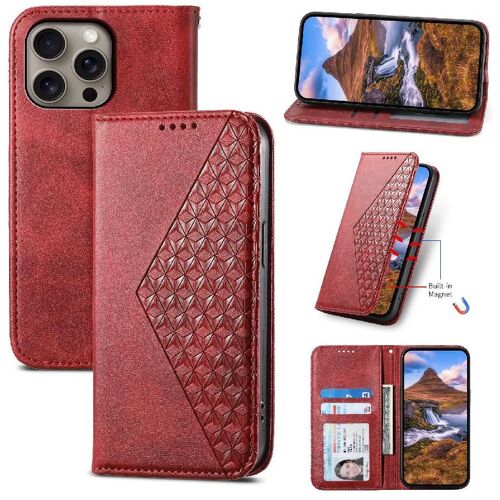 Flip Étui Pour Iphone 16 Pro Max Portefeuille Utilisation Quotidienne Sangle À Main Support Forme De Rhombus - Rouge