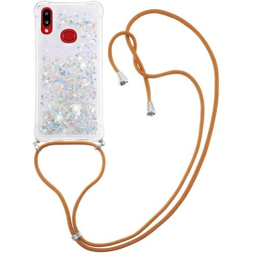 Pour Samsung M11 Coque, Bling Liquide Paillette Antichoc Kawaii Etui Housse Avec Cordage Lanyard Case Pour Samsung Galaxy M11 / A11. Lp Love Silver