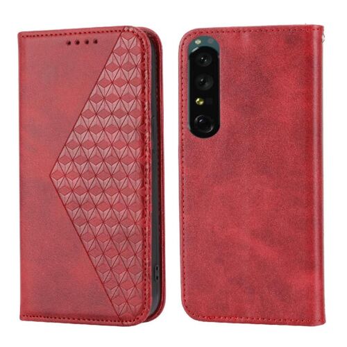 Étui Pour Rabattu Sony Xperia 5 Iv Utilisation Quotidienne Sangle À Main Portefeuille Support Forme De Rhombus - Rouge