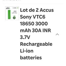 Lot de 2 Accus 30A BATTERY, 3000 mAh Sony VTC6 18650 3000 mAh 30A INR 3.7V Rechargeable Li-ion  batteries