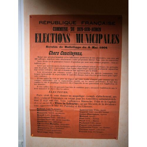 Ancienne Affiche Elections Municipales Du 8 Mai 1904, Hauteur 85cm