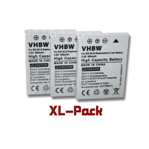 vhbw 3x Batteries compatible avec Nikon CoolPix P1, P2, S1, S2, S3, S5, S50c, S51, S51c, S52 appareil photo, reflex numérique (600mAh, 3,6V, Li-ion)