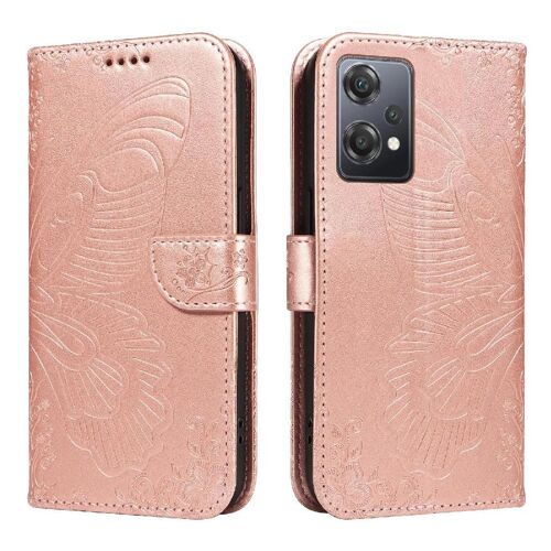 Flip Étui Pour Oneplus Nord Ce2 Lite Avec Fente Pour Carte De Crédit Papillon En Relief Sangle De Main Détachable Cuir De Haute Qualité - Couleur Rose