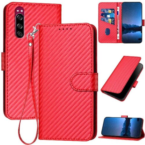 Flip Étui Pour Sony Xperia 2 Avec Sangle Détachable Surface De Fibre De Carbone Avec Fente Pour Carte Et Béquille Cuir Premium - Rouge