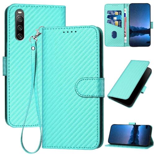 Étui Pour Rabattu Sony Xperia 10 Iv Avec Fente Pour Carte Et Béquille Surface De Fibre De Carbone Cuir Premium Avec Sangle Détachable - Vert