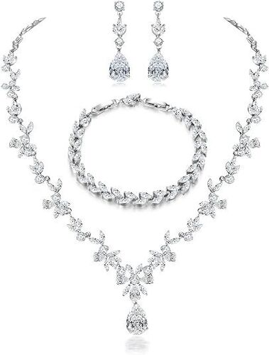 Ensemble De Bijoux Pour Femmes, Collier Pendentif Boucles D'oreilles Bracelet Set, Plaqué Or Blanc Bijoux Set, Idéal Pour Les Demoiselles D'honneur De La Mariée