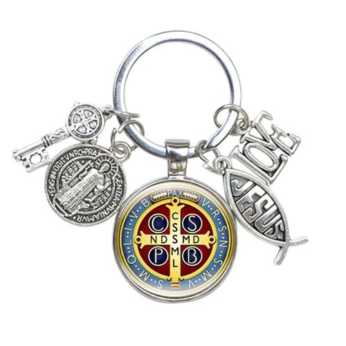 Porte-Clés Médaillon Saint Benoît,Bijoux Religieux,I Love Jesus,Artisanat En Alliage,Breloques En Verre Bombé,Catholique San Benito - Type7