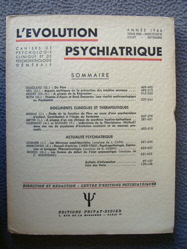 L'évolution Psychiatrique  1966   . Fasc .3  .