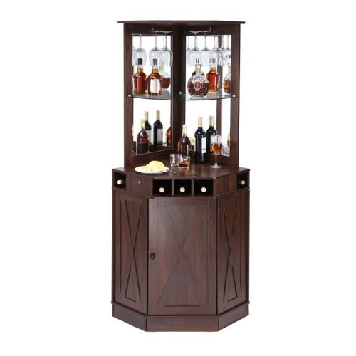 Armoire Industrielle de Coin-VEVOR-avec Porte- Grand Présentoir à Vin Autoportante -avec Porte-verres-Salon, Café, Marron