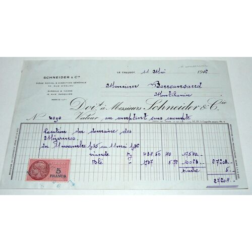 Schneider Et Cie Le Creusot, Facturette De 1946