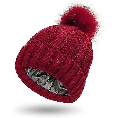 Bonnet Tricoté Pour Femme Avec Doublure En Satin Et Pompon