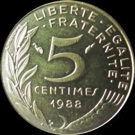 France = Pièce De 5 Centimes De Francs, Type Marianne , Graveur Lagriffoul Et Dieudonné, Année 1988.