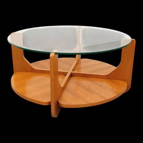 Table Basse Ronde 2 Plateaux Vintage De Hugues Poignant En Teck Et Verre Bois