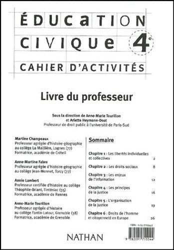 Education Civique 4e Cahier D'activités - Livre Du Professeur