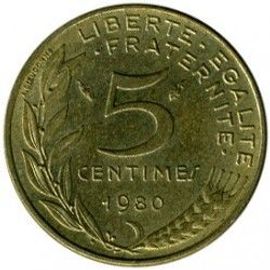 France = Pièce De 5 Centimes De Francs, Type Marianne , Graveur Lagriffoul Et Dieudonné, Année 1980.