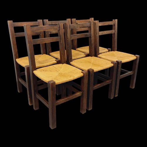 Suite De 6 Chaises Brutalistes Vintage En Bois De Chne Massif Et Paille Bois