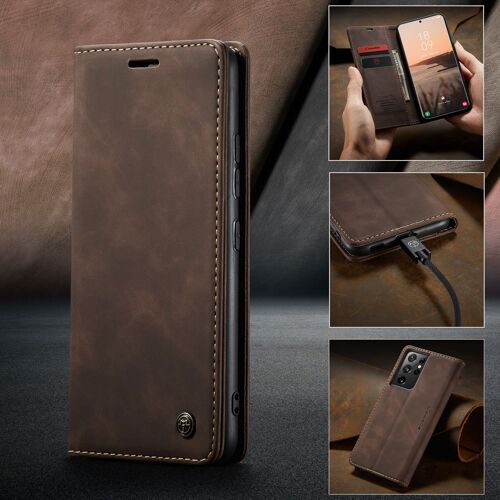 Etui Coque Pour Samsung S21 Ultra,Étui Housse Coque Samsung Galaxy S21 Ultra AntichocSupport Pliable,Clamshell,Brosse Anti-Vol,Étui De Téléphone À Cassette - Couleur Du Café