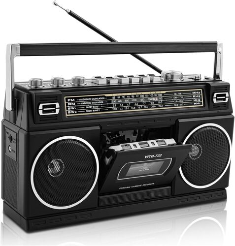Boombox Rétro Années 80 avec Bluetooth et Lecteur Cassette | Radio AM/FM/SW1/SW2, Son Graves Puissants 24W, Support USB/Micro SD, Portable pour Intérieur et Extérieur