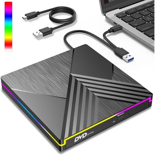 Lecteur DVD CD Externe, USB 3.0 Graveur DVD CD Externe, RGB Lecteur CD DVD Externe pour PC, Optique Portable CD DVD -/+RW Drive pour Laptop Desktops MacBook Mac OS Windows 11/10/8/7/XP Linux Vista