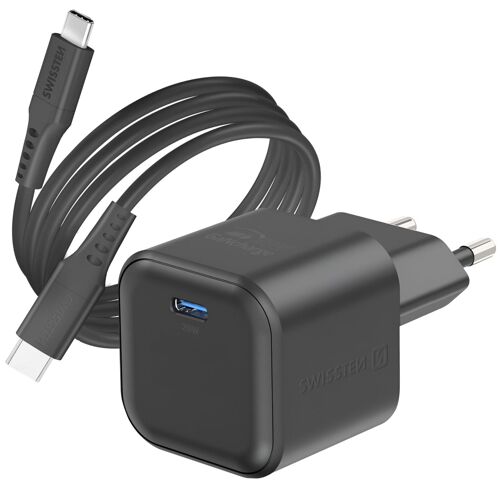 Chargeur Secteur GaN USB-C PD 20W avec Câble USB-C vers USB-C 1.2m Swissten Noir