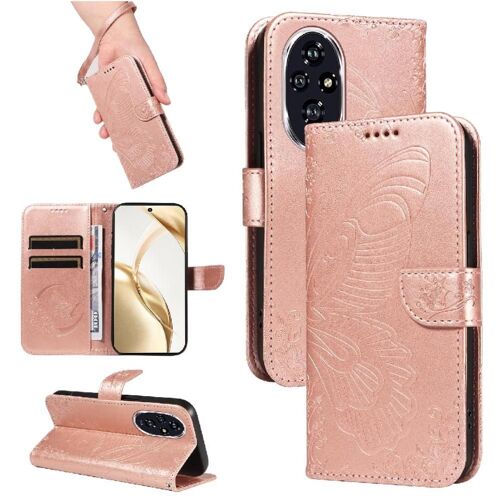 Flip Étui Pour Honneur 200 5g Cuir De Haute Qualité Sangle De Main Détachable Papillon En Relief Avec Fente Pour Carte De Crédit - Couleur Rose