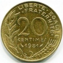 France = Pièce De Monnaie De 20 Centimes De Francs, Type Marianne, Graveur Dieudonné Et Lagriffoul, Année 1981