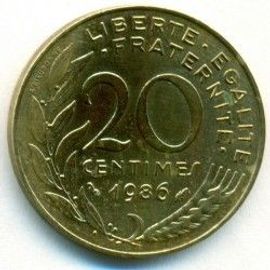 France = Pièce De Monnaie De 20 Centimes De Francs, Type Marianne, Graveur Dieudonné Et Lagriffoul, Année 1986