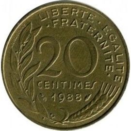 France = Pièce De Monnaie De 20 Centimes De Francs, Type Marianne, Graveur Dieudonné Et Lagriffoul, Année 1988