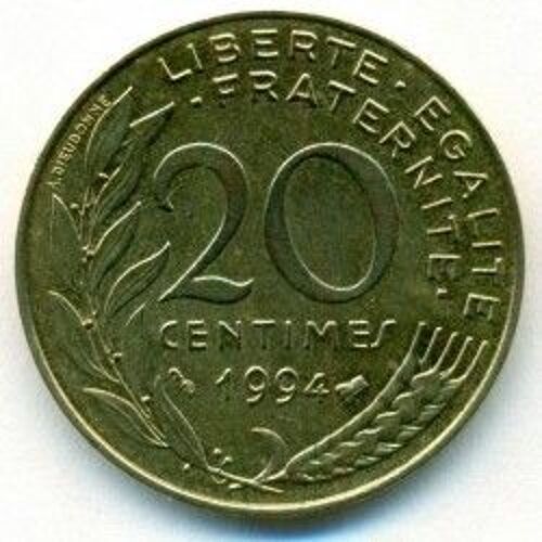 France = Pièce De Monnaie De 20 Centimes De Francs, Type Marianne, Graveur Dieudonné Et Lagriffoul, Année 1994, Variété Abeille