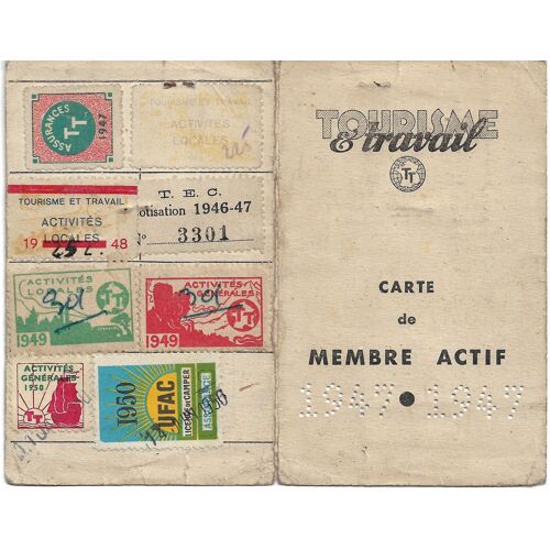 Carte De Membre Actif Tourisme Et Travail Délégation Du Rhône Pavillon Du Tourisme Place Bellecour, 1947, Ayant Appartenu À André Taborin Rue Victor Hugo Lyon