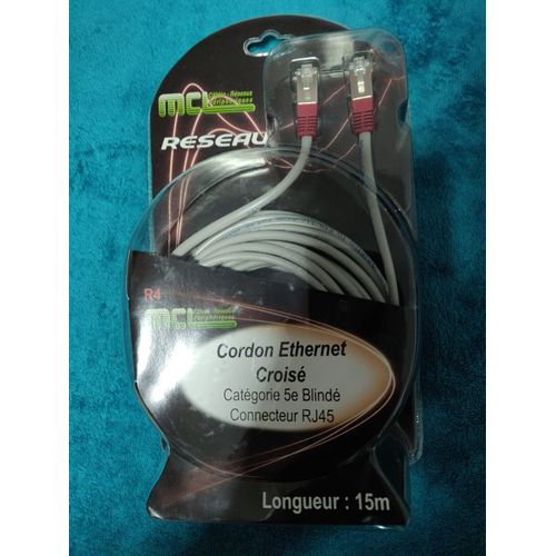 CABLE ETHERNET CROISE GRIS RJ45 CATEGORIE 5E BLINDE 15 METRES