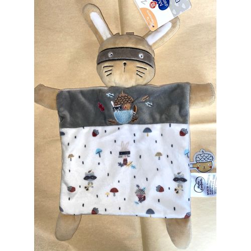 Doudou Lapin Blanc Gris Feuilles Chene Glands Champignons Mots D'enfants Peluche Bebe Jouet Naissance