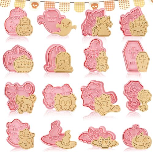 Jexnovashop-Lot De 16 Emporte Pièce Halloween, Emporte Pièces Halloween Emporte Pièces 3d En Plastique Halloween Moule À Biscuits Cookies,Pour Décoration De Gâteau Fondant Cookie Pâtisserie (Hallowee