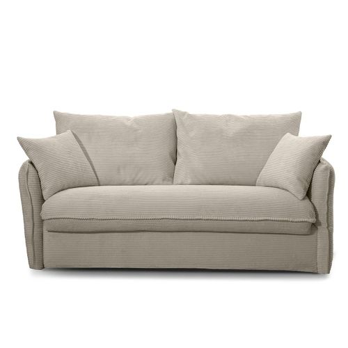 Canapé Convertible 3 Places En Tissu Velours Côtelé Ecru