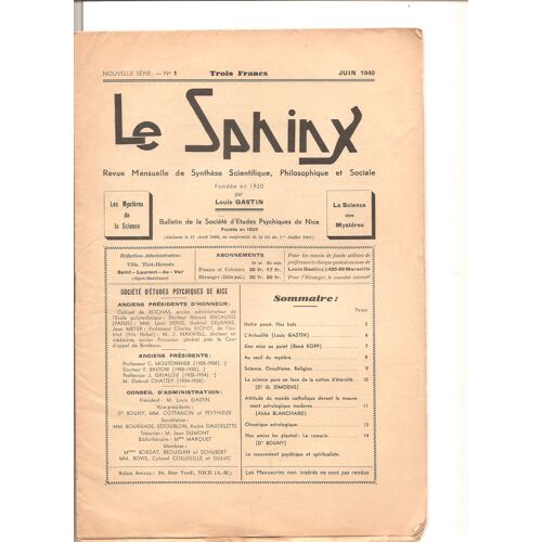 Le Sphinx Revue Mensuelle De Synthèse Scientifique, Philosophique Et Sociale