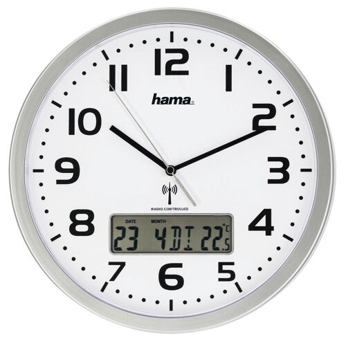 Horloge murale radio-pilotée "Extra" av. indic. de date et de tempér.