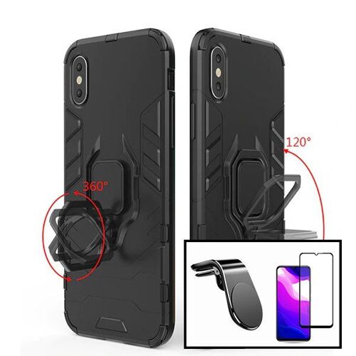 Kit Verre Trempé 5D Full + Coque Military Defender Ring Anti-Impact + Support Magnétique L pour Voiture pour Xiaomi Redmi 9A