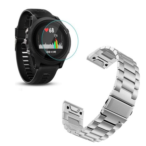 Kit Bracelet Acier Stainless Lux + Outil + Film Protecteur D'écran En Verre - Garmin Forerunner 935 - Gris