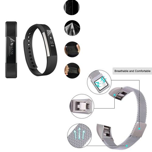 Kit Bracelet Milanese Loop Fermoir Magnétique + Film de gel à Coque Complète pour Fitbit Alta - Gris