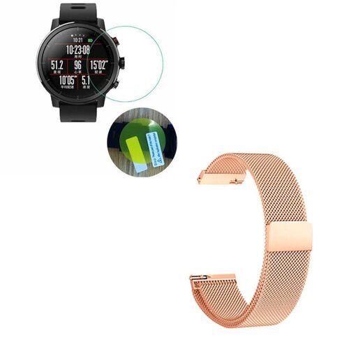 Kit Bracelet Milanese Loop Fermoir Magnétique + Film De Gel À Coque Complète Pour Amazfit Pace 2 - Rose