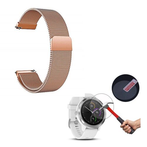 Kit Bracelet Milanese Loop Fermoir Magnétique + Film Protecteur D'écran En Verre - Garmin Vivoactive 3 - Rose