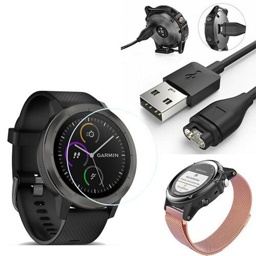 Kit Bracelet Milanese Loop Fermoir Magnétique + Chargeur USB + Film Protecteur D'Écran en Verre pour Garmin Forerunner 935 - Rose