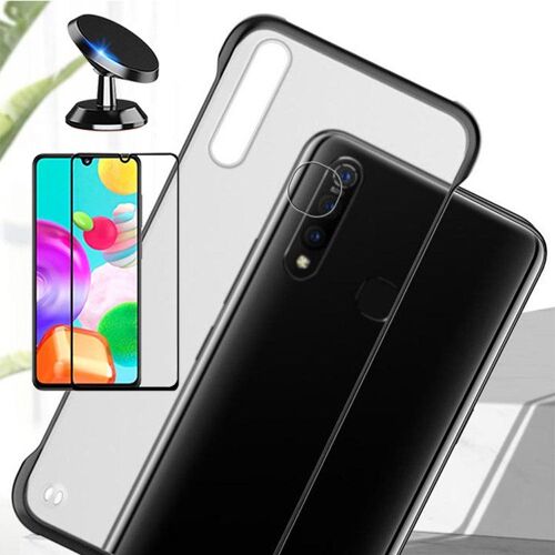 Kit De Verre Trempé 5d Full Cover + Coque Sans Bordures + Support Magnétique De Voiture Pour Samsung Galaxy M30