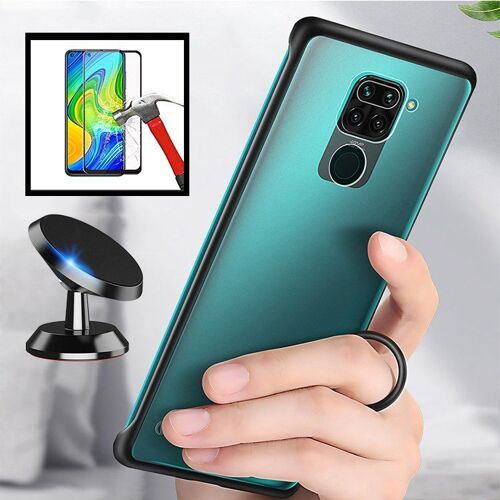 Kit de Verre Trempé 5D Full Cover + Coque Sans Bordures + Support Magnétique de Voiture pour Xiaomi Redmi Note 9