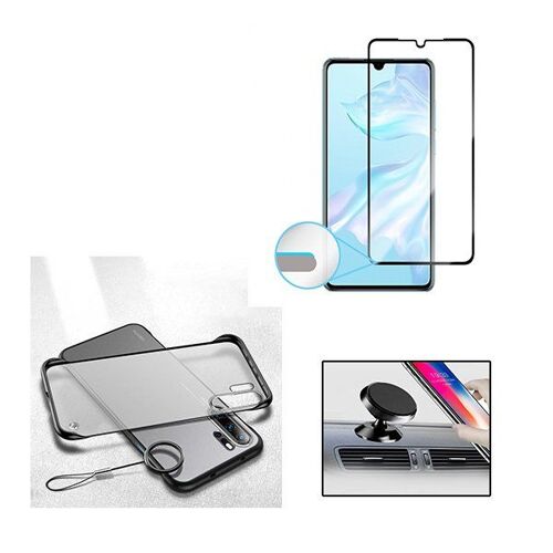 Kit De Verre Trempé 5d Full Cover + Coque Sans Bordures + Support Magnétique De Voiture Pour Huawei P30