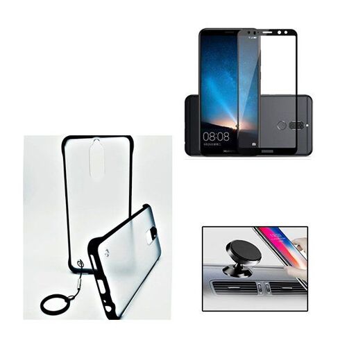 Kit De Verre Trempé 5d Full Cover + Coque Sans Bordures + Support Magnétique De Voiture Pour Huawei Mate 10 Lite