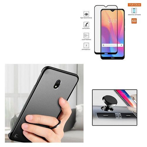 Kit De Verre Trempé 5d Full Cover + Coque Sans Bordures + Support Magnétique De Voiture Pour Xiaomi Redmi 8a